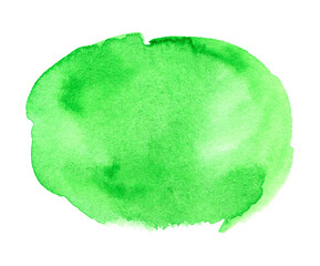 Green watercolor hand drawn stain on white paper grain texture. Abstract water color artistic brush paint splash background