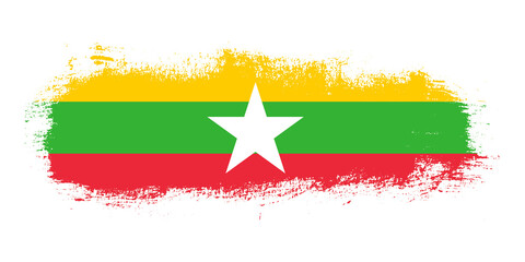 Stain brush stroke flag of Myanmar country with abstract banner concept background