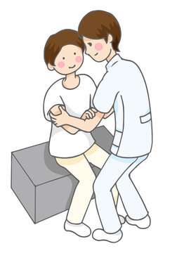 台からの立ち上がりを練習する人とセラピスト