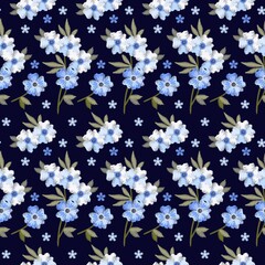 Embroidery ornament with white and light blue flowers. Floral seamless pattern. Beautiful print for summer dresses, fabrics, textile, wrapping papers.