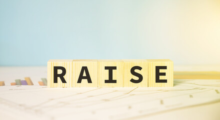 raise - Wooden cubes with letters .the word raise is displayed