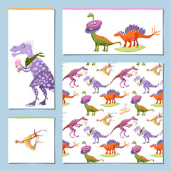 Set of 4 universal cards with dinosaurs playing outdoors. Fun summer activities. Hello summer!