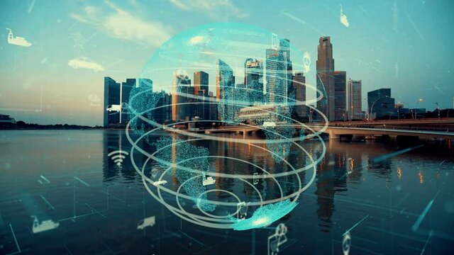 Global connection and the internet network modernization in smart city . Concept of future 5G wireless digital connecting and social media networking .