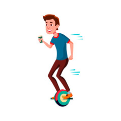 guy ride monowheel and drink coffee cartoon vector. guy ride monowheel and drink coffee character. isolated flat cartoon illustration © PikePicture