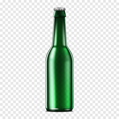 Clear green glass bottle with cap on transparent background, vector mockup. Packaging for water, beer, soda and other drinks, template