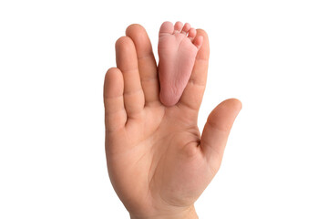 Obraz premium Baby feet in father's hand. The tiny foot of a newborn baby between the fingers of a parent's hand. Open palm and small toes. 