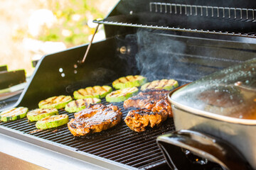 Juicy chicken steaks and grilled zucchini slices prepared on a modern gas garden grill