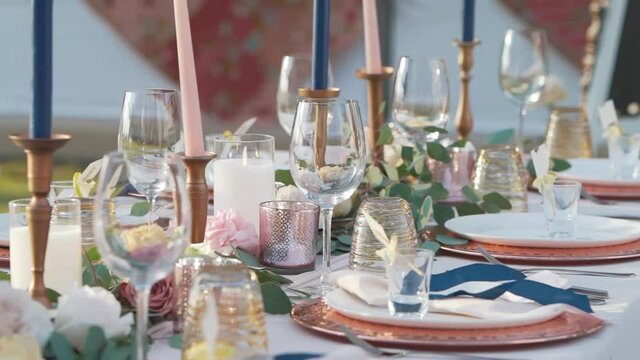 Table setting for a dinner reception, Festive table decor wedding White concept.