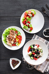 various salads menu page salad appetizer snack vegetable, greek salad, grilled chicken, organic dish on the table healthy meal copy space food background rustic keto or paleo diet 