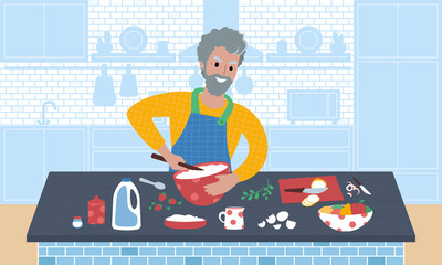 Senior smiling caucasian man preparing a meal. Flat style vector illustration. lustration.