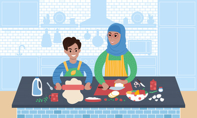 Grandmother wearing hijab and her grandson preparing meal together. Flat style vector illustration.