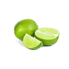 Fresh green juicy limes and lime slices isolated on white background.