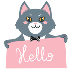 Vector illustration of a cute cartoon cat in a bow tie with banner saying hello