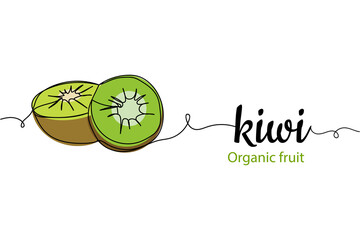 Continuous one line of kiwi on a white background. Linear stylized.Minimalist. Organic fruit - obrazy, fototapety, plakaty