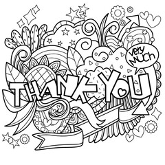 "Thank You" hand lettering and doodles elements background. Vector illustration