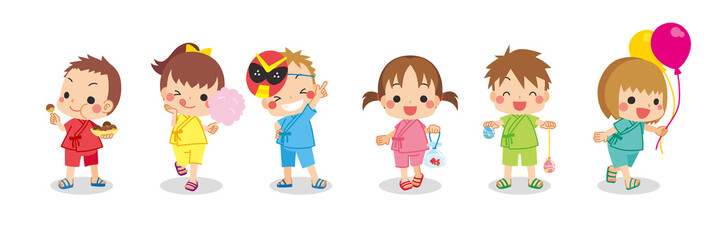 雪景色の中 学校を目指して走り出す可愛い小学生キッズグループのイラスト Wall Mural ぽこたぽこ