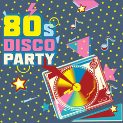 80s disco party - funky colorful turntable musical design