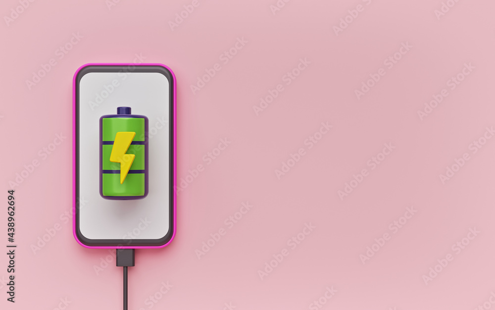 Poster quick and fast smartphone battery charging. minimal background with copy space. 3d rendering