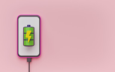 Quick and fast smartphone battery charging. minimal background with copy space. 3d rendering