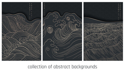 collection of black and gold abstract illustration with stylized waves in japanese style