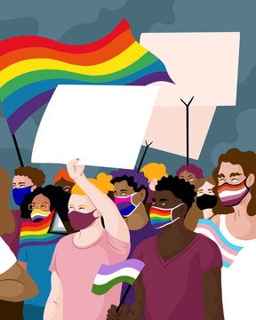 LGBTQIA+ Pride with masks. People holding flags and signs which are blank.	