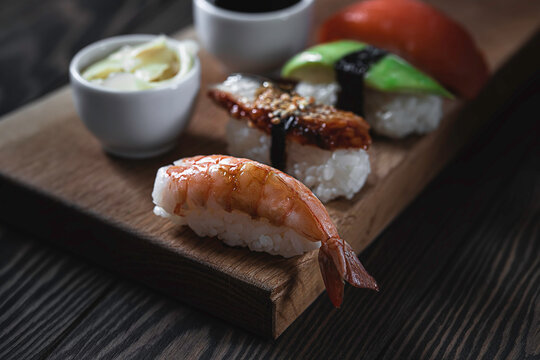 Traditional Japanese Dish - Nigiri Sushi. Made from rice and raw prawn. Traditional Japanese cuisine.