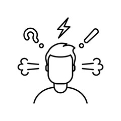 Worried, confused, stressed, angry man line icon. Man's face with question mark, thunder bolt, exclamation sign. Negative thinking. Aggressive client in bad mood. Vector illustration, flat, clip art.