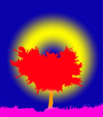 Baum, Wiese, Gras, Abstrakt, poppig, Silhouette, freigestellt, rosa, Hintergrund, Kreis, blau, gelb, 