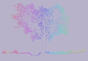 Baum, Silhouette, Gras, Baumstamm, verästelt, Ast, Blätter, Verlauf  - pink,  - blau, Hintergrund fliederfarben, popart, kunst