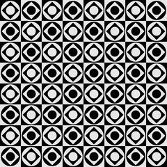 Chessboard black and white colors. Vector abstract checkered squares with rhombuses and circles. Decorative chessboard.