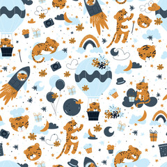 Seamless pattern for kids design. Cartoon tiger for nursery, character for children