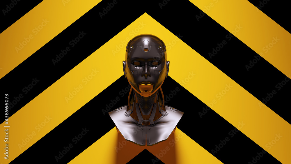 Wall mural Black Yellow Cyborg ai Futuristic Artificial Intelligence Sci-fi Robot Head Yellow an Black Chevron Background 3d illustration render