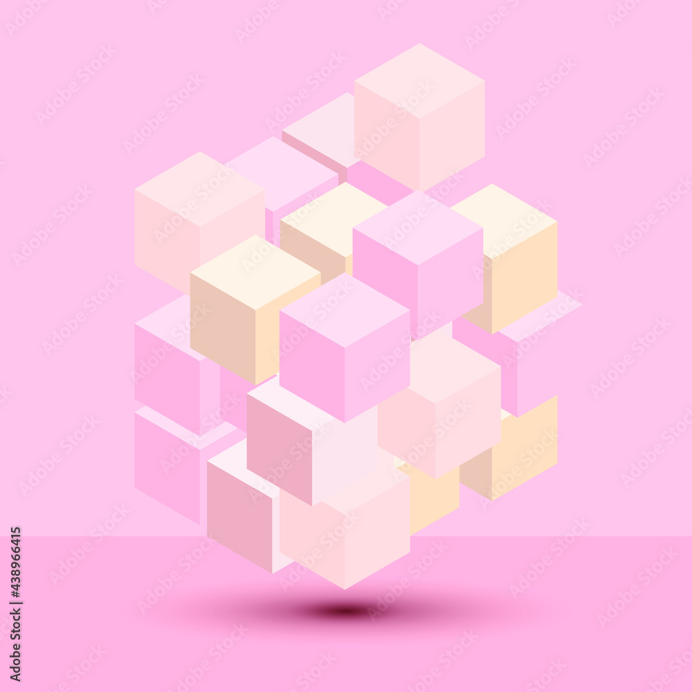 Poster 3d cube with smooth pink colors with disassembly effect. cube in perspective. modern abstract vector