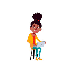 happy african girl teenager check social web site on laptop in room cartoon vector. happy african girl teenager check social web site on laptop in room character. isolated flat cartoon illustration