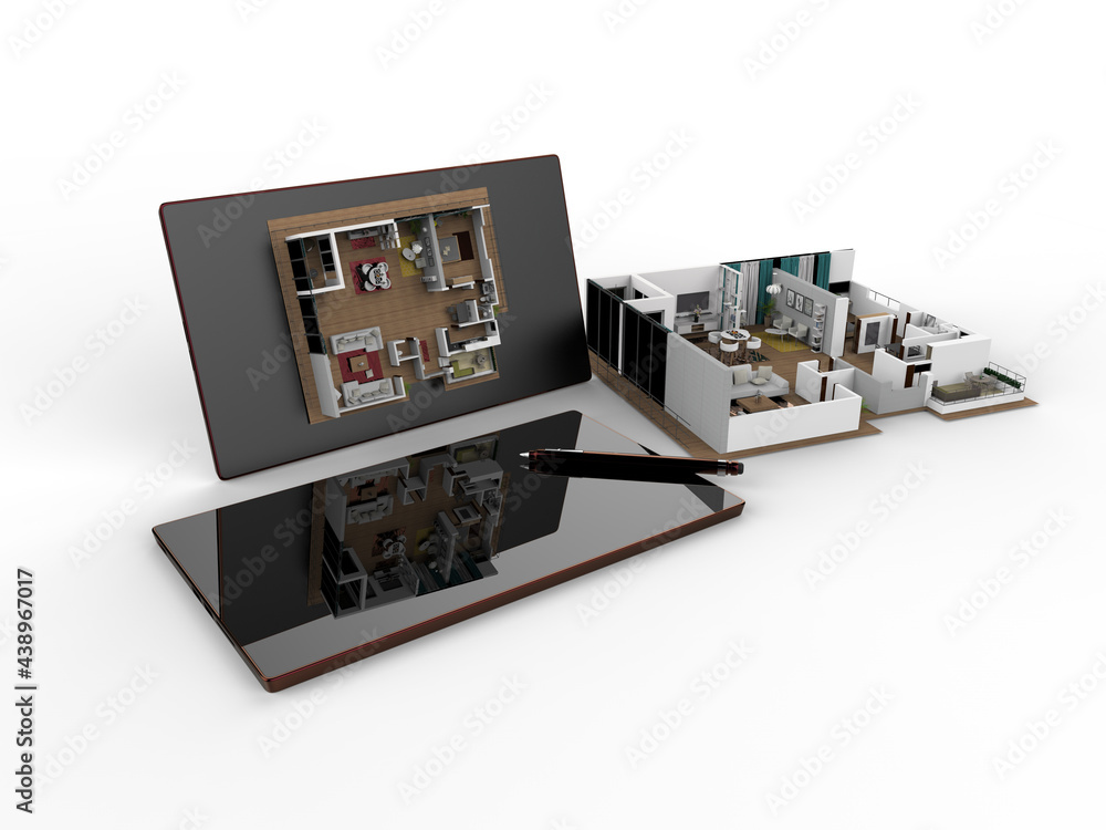 Poster 3d rendering - apartment layout design on a tablet