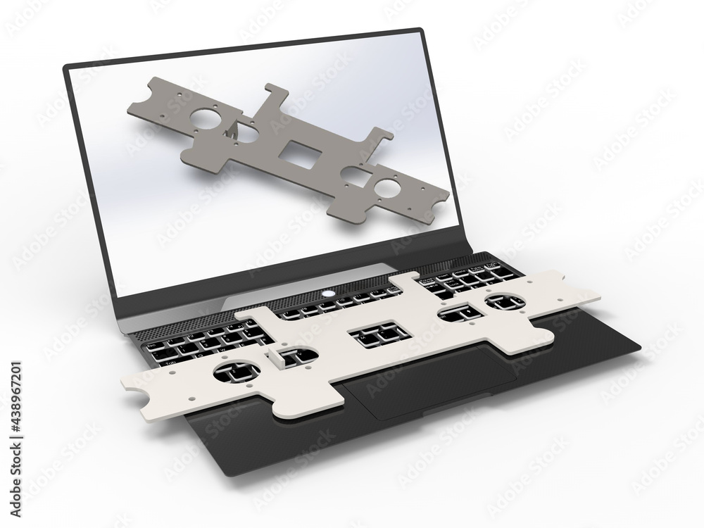 Poster 3d rendering - metal sheet part design on a laptop