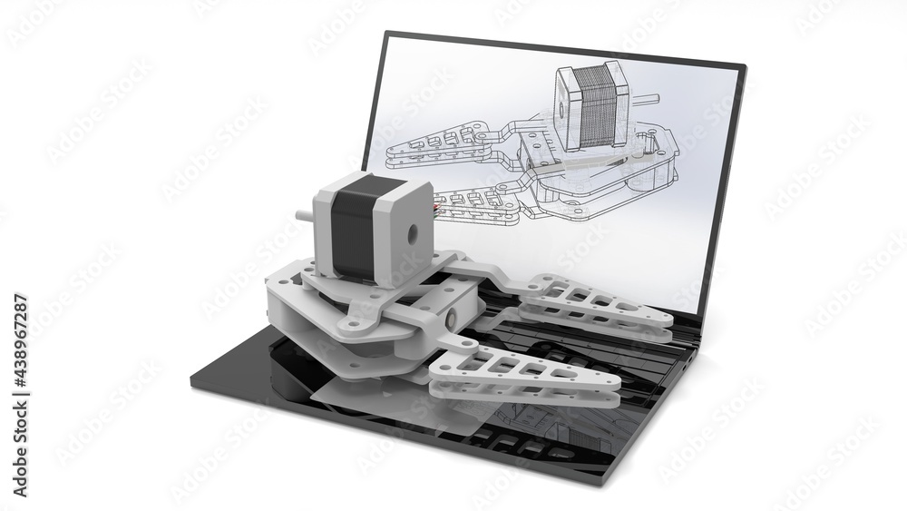 Poster 3d rendering - design a robotic gripper on a laptop