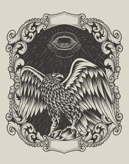 Illustration Eagle bird with vintage engraving ornament