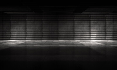 Empty space of parking bricks cement floor with grey color rolling shutter door background in 3D illustration.