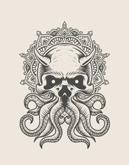 illustration octopus skull with mandala