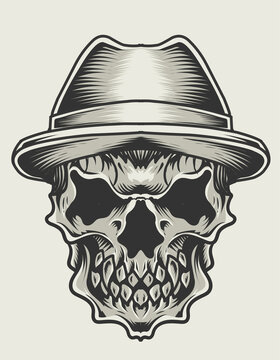illustration skull hat monochrome style