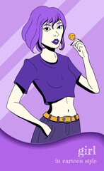 girl with purple hair in casual clothes in cartoon style, purple palette