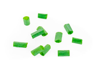 Chopped fresh green onions isolated on white background. top view