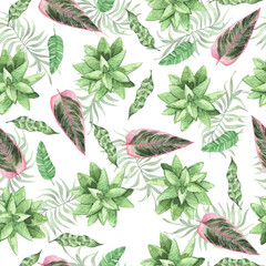 Seamless pattern with wild pink and green tropical leaves and succulents. Hand drawn watercolor illustration.