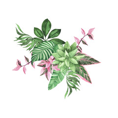 Beautiful bouquet with green and pink tropical leaves. Hand drawn watercolor illustration.
