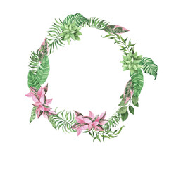 Green and pink jungle leaves round frame. Hand drawn watercolor illustration.