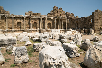 Ancient city of Side, old historical buildings and ruins. Antalya TURKEY