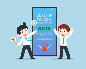 Business man and Colleagues Show Mobile Phone about Covid Coronavirus Vaccine Registration