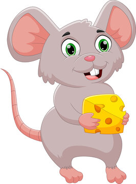 cartoon happy mouse holding cheese