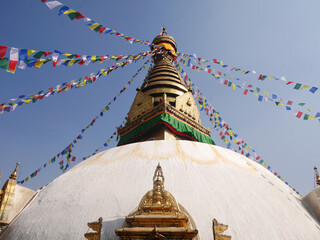 Swayambhunath pagoda or Swayambu chedi or Swoyambhu stupa or Monkey Temple and eyes of lord buddha for napali people and foreign travelers visit respect praying at Katmandu Valley in Kathmandu, Nepal